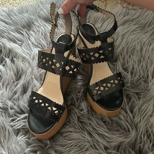 Chloé Laser Cut Black Leather Wedges